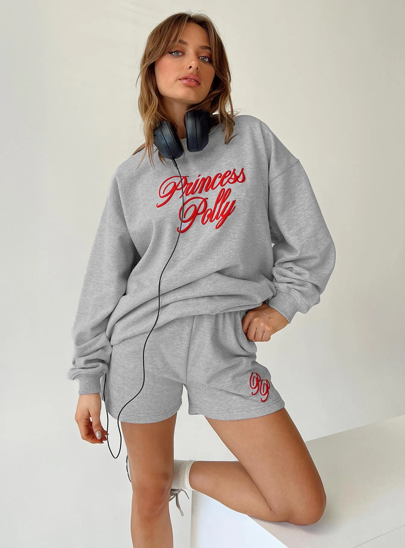 Princess Polly Crew Neck Sweatshirt Cursive Text Grey Marle / Red