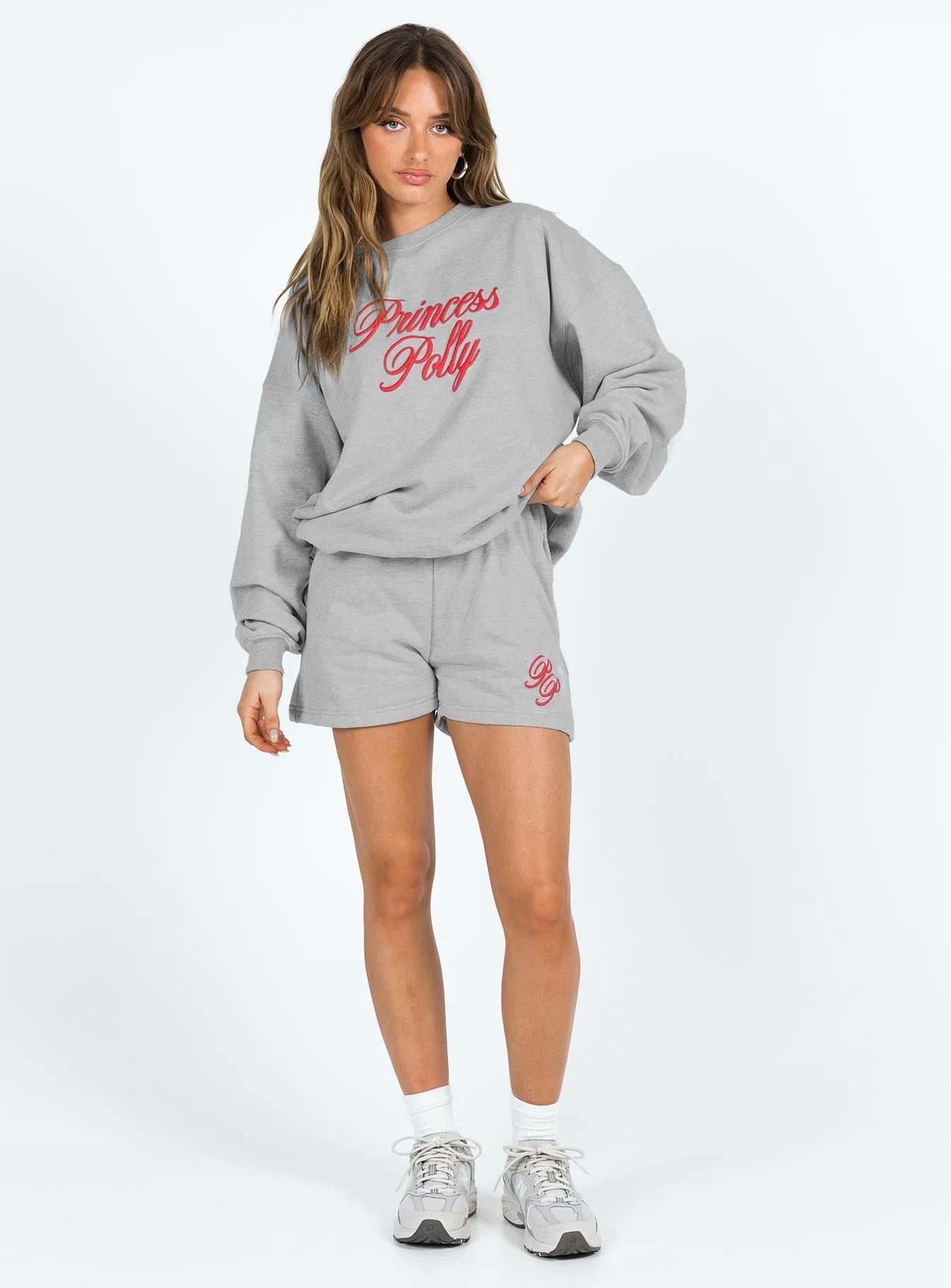 Princess Polly Crew Neck Sweatshirt Cursive Text Grey Marle / Red