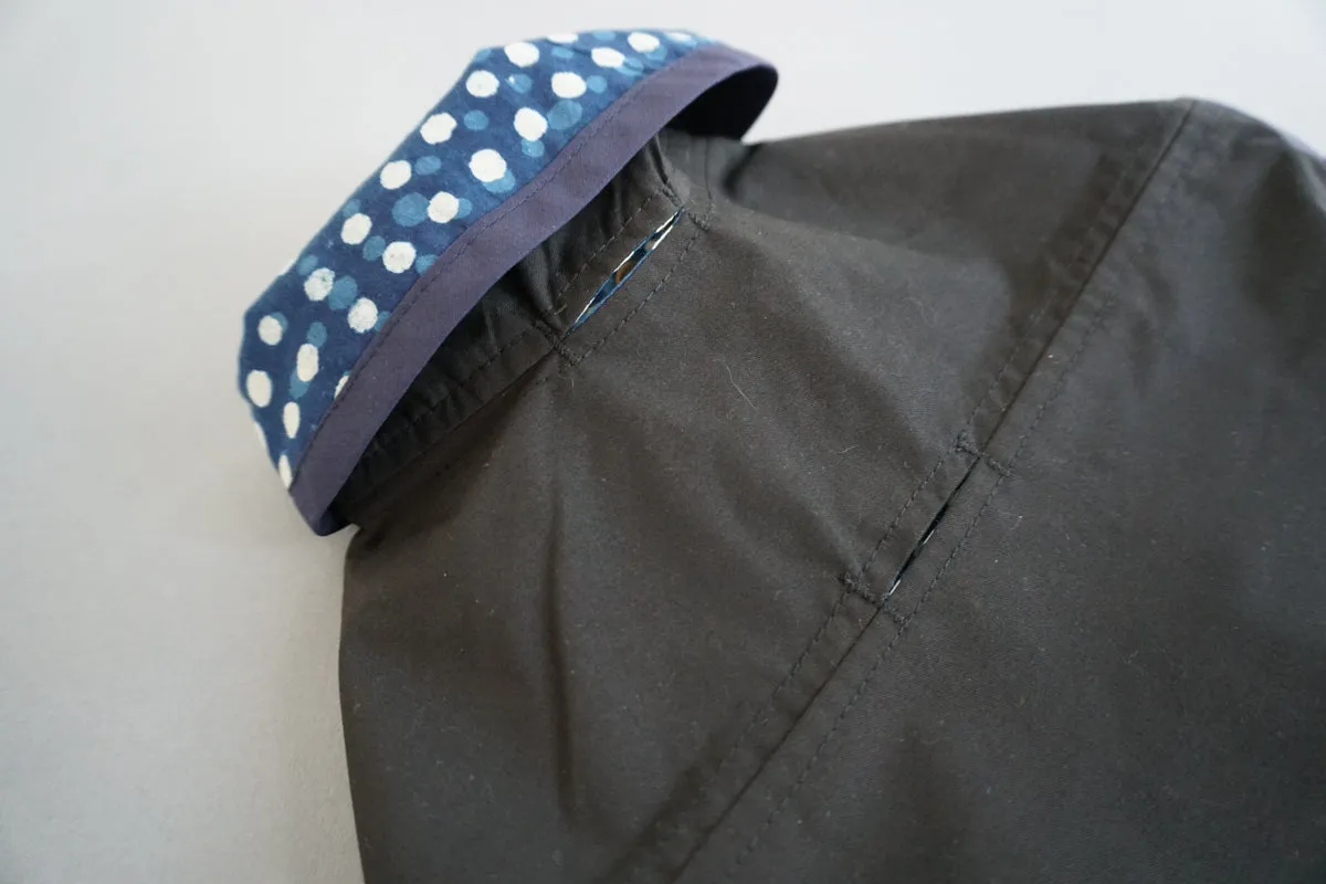 Rain Jacket: Black/Indigo Block Printed with Running Spots