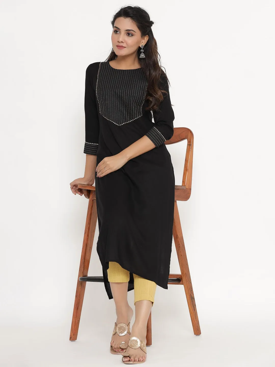 Rayon Zari Quilted Yoke Straight Kurta - Black