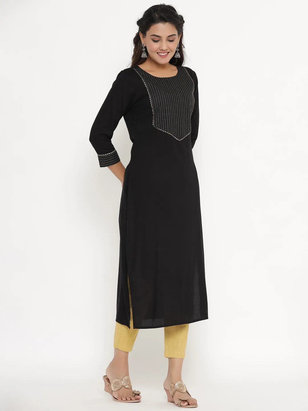 Rayon Zari Quilted Yoke Straight Kurta - Black