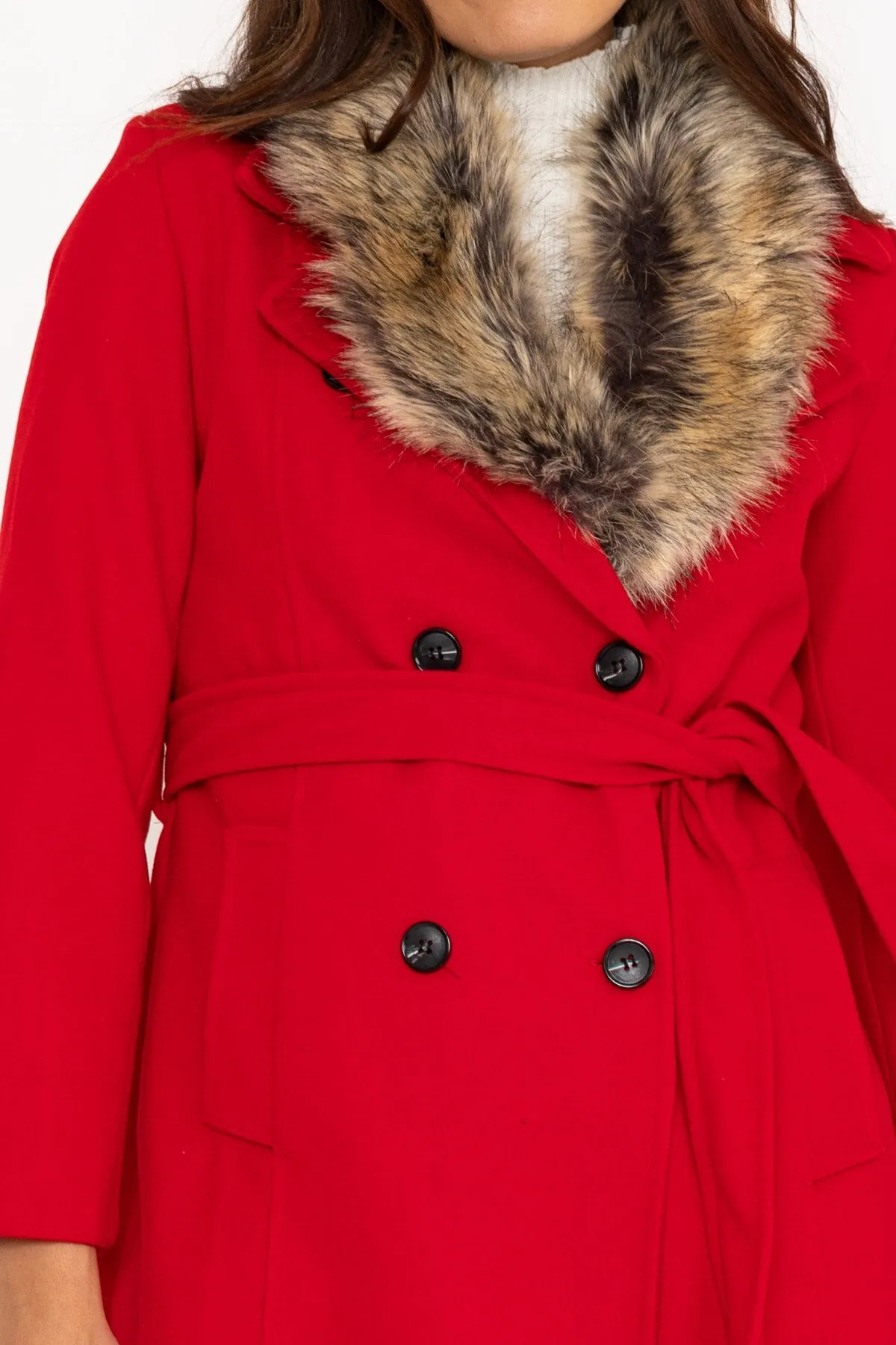 Red Faux Fur Trim Coat