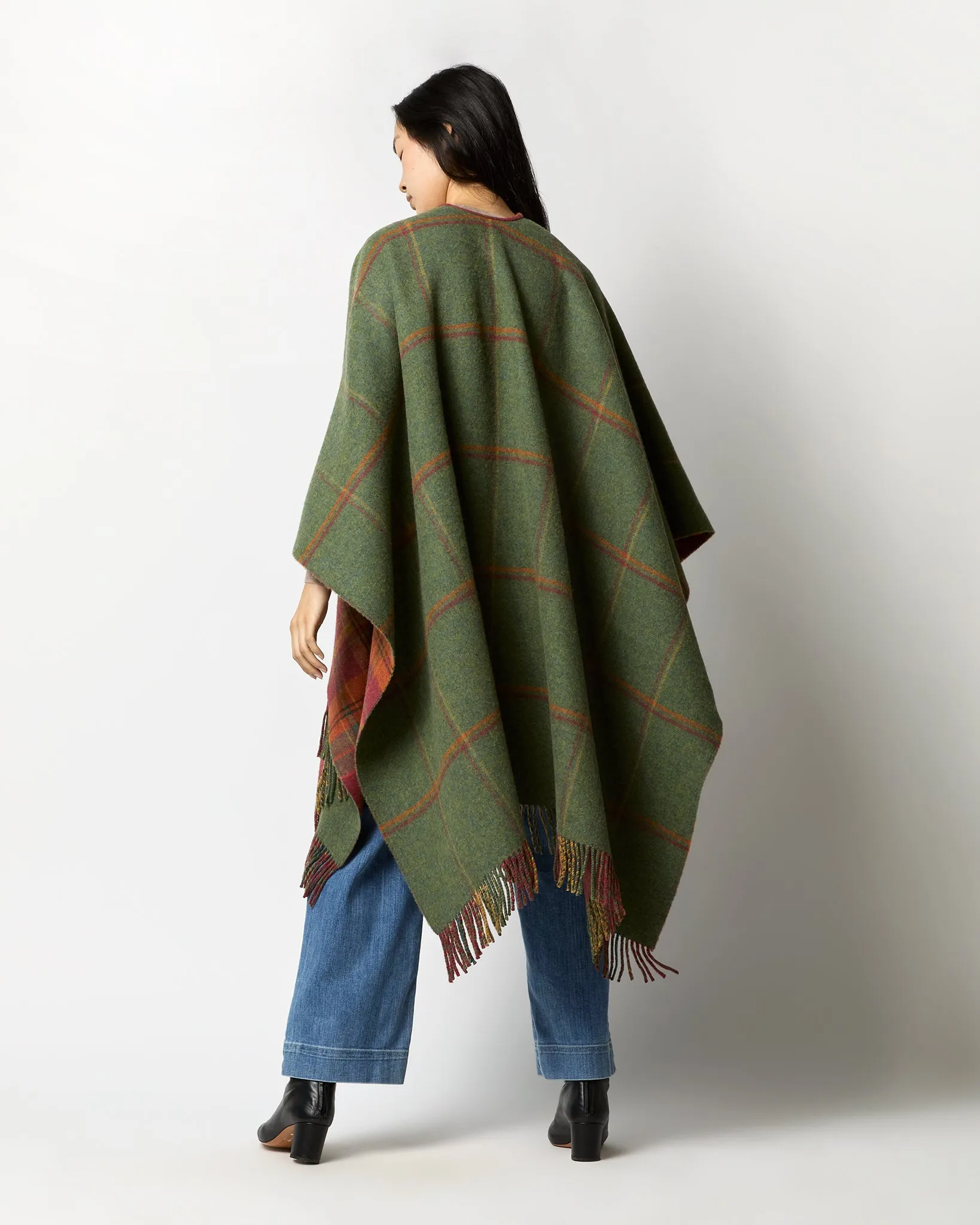 Reversible Lambswool Cape in Red Tweed/Green Windowpane