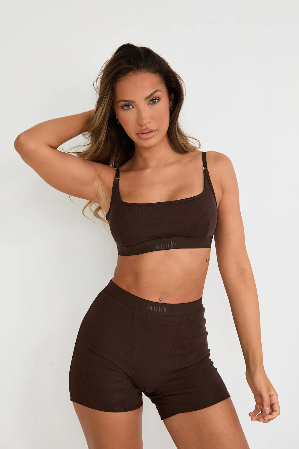 Ribbed Strappy Cropped Bralet - Chocolate