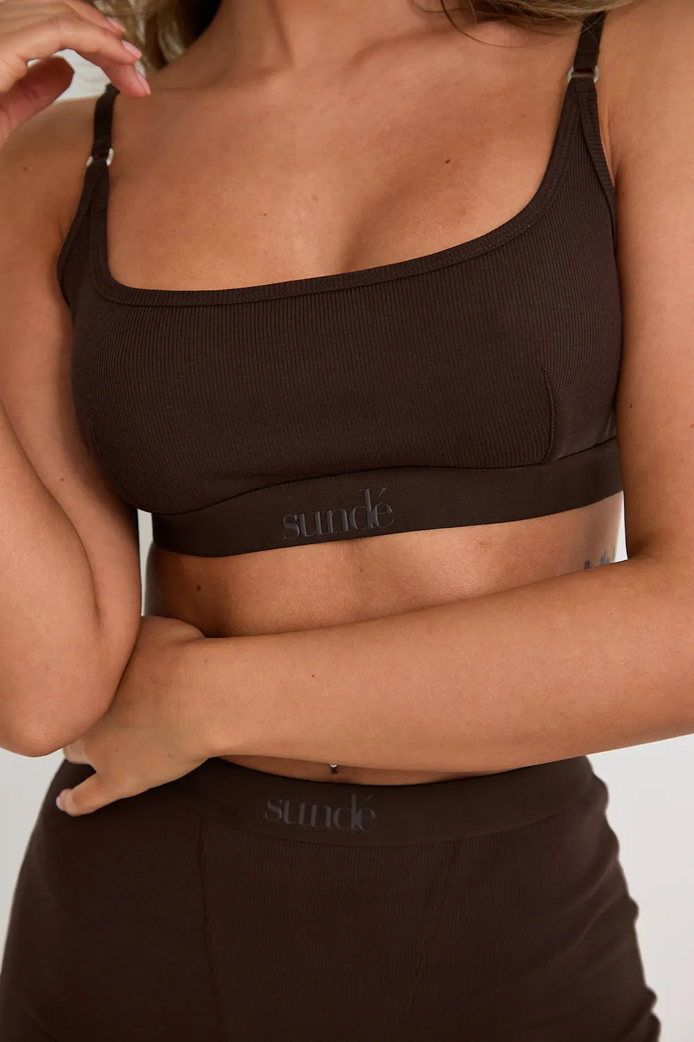 Ribbed Strappy Cropped Bralet - Chocolate