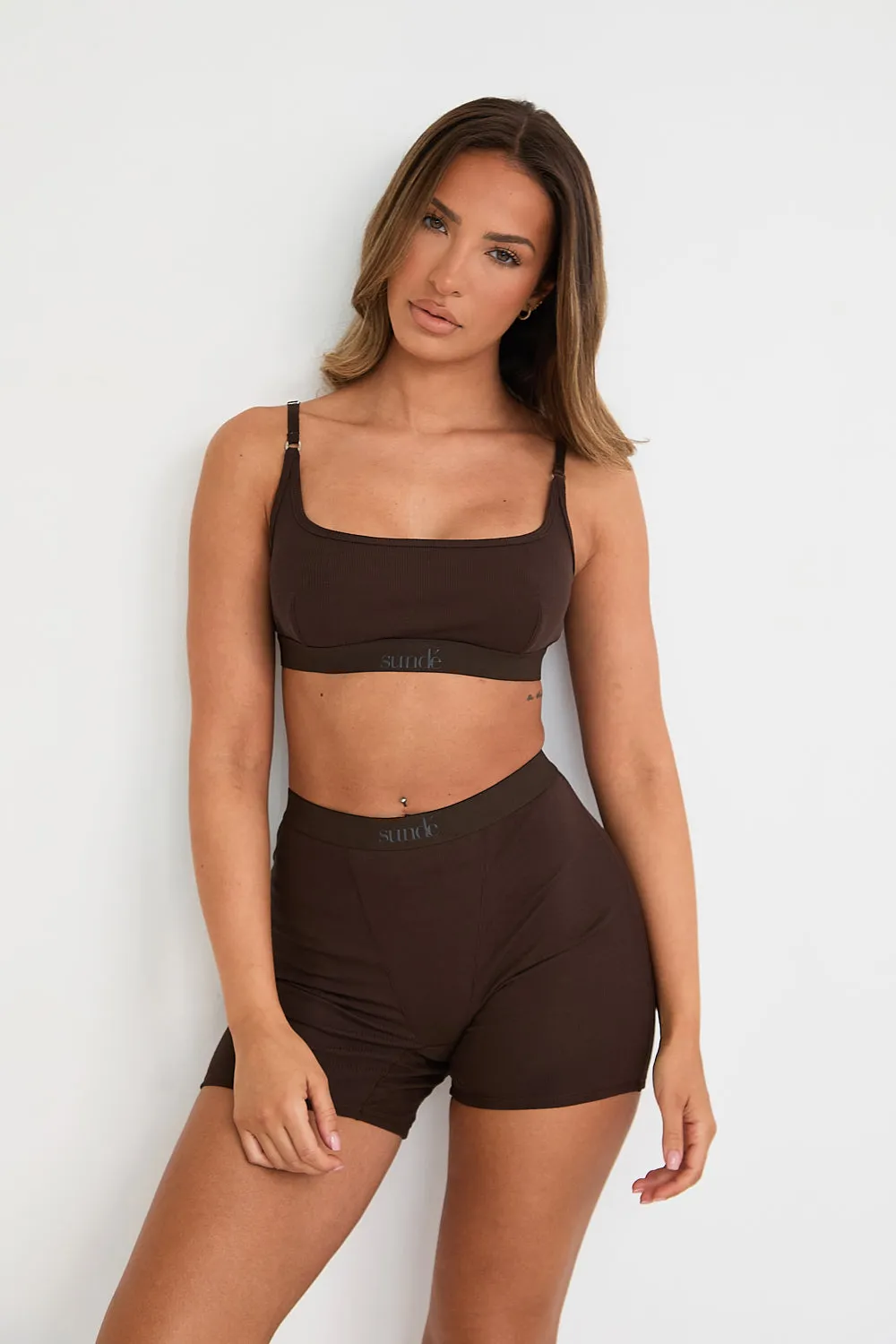 Ribbed Strappy Cropped Bralet - Chocolate