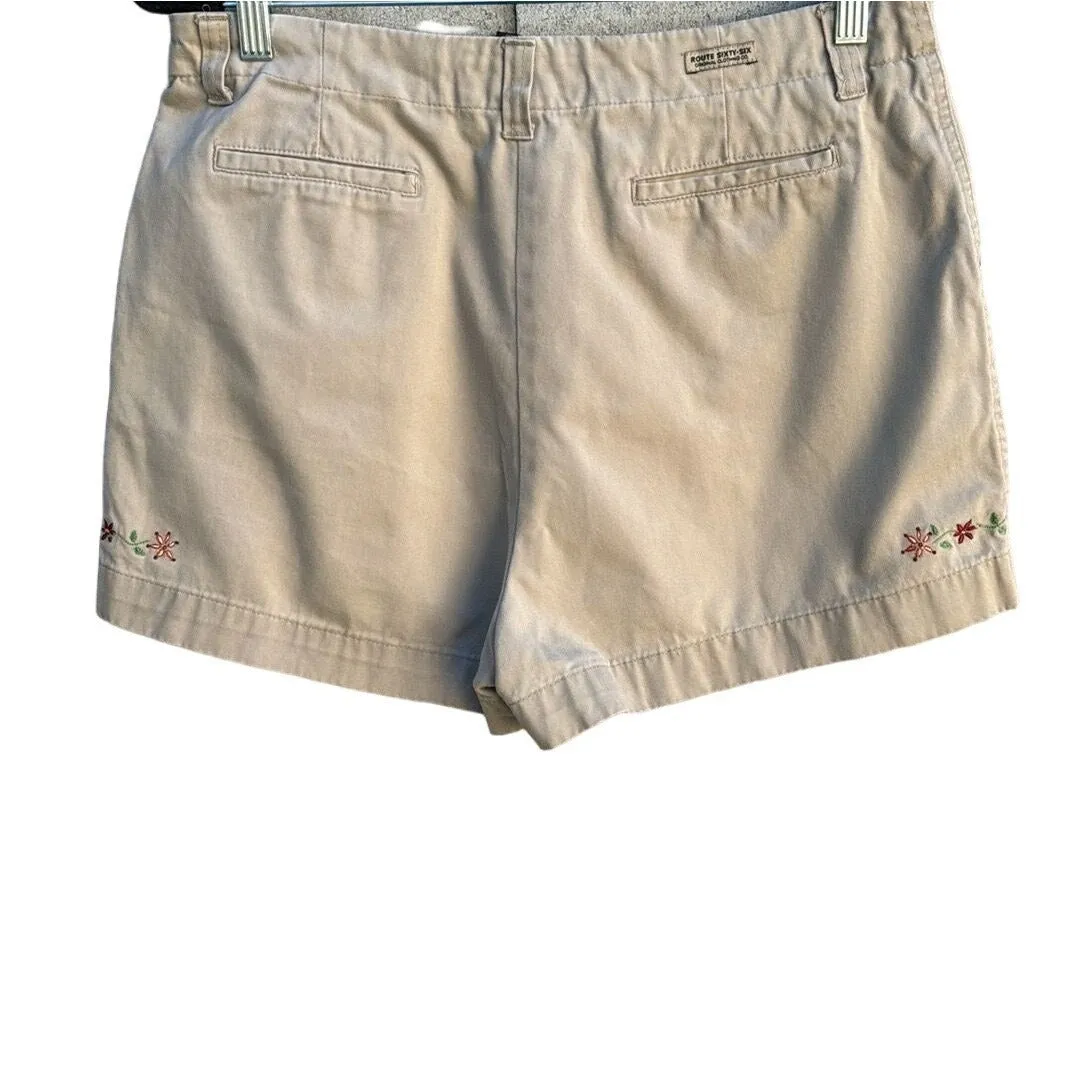 Route 66 Vintage Women's Khaki Floral Embroidery Accent Shorts With Slash Pockets