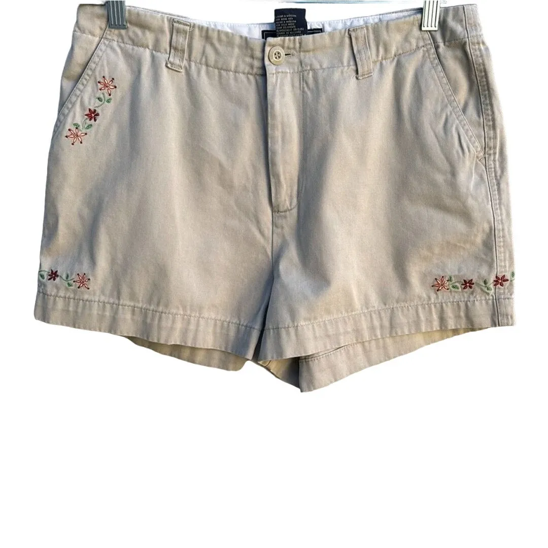 Route 66 Vintage Women's Khaki Floral Embroidery Accent Shorts With Slash Pockets