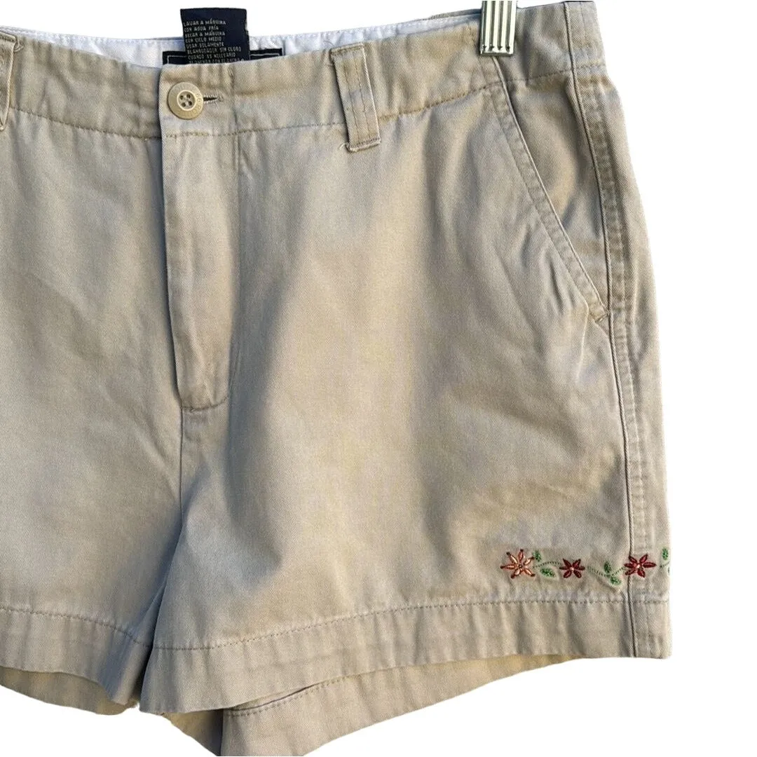 Route 66 Vintage Women's Khaki Floral Embroidery Accent Shorts With Slash Pockets