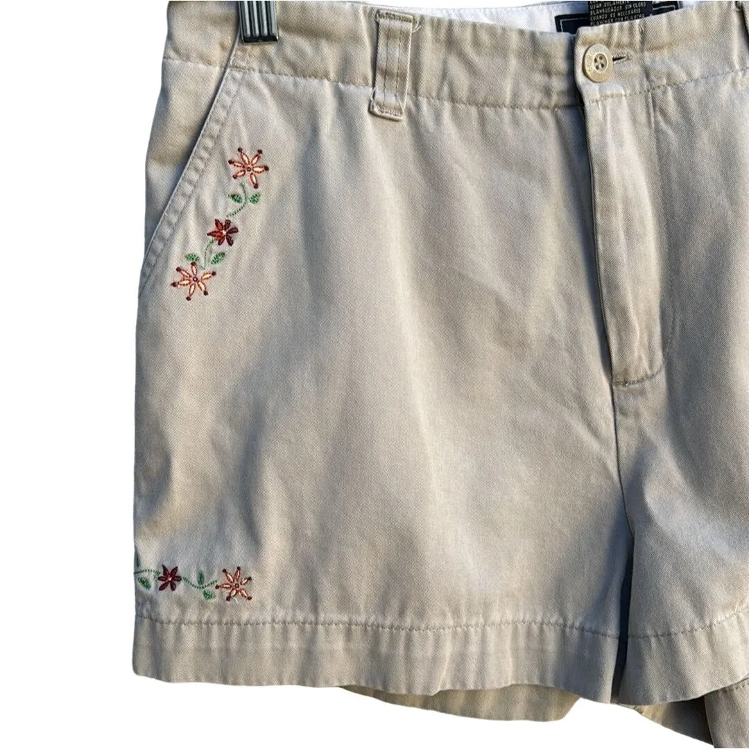 Route 66 Vintage Women's Khaki Floral Embroidery Accent Shorts With Slash Pockets