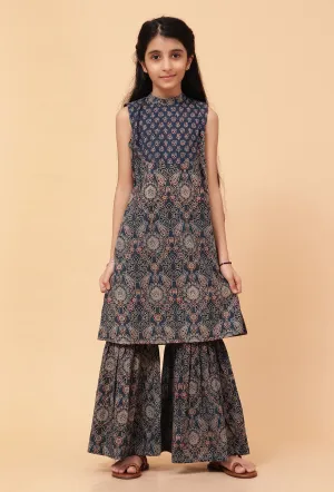 Set Of 2: Ari Indigo Multi Ajrakh Print Cotton Kurta & Sharara Pant