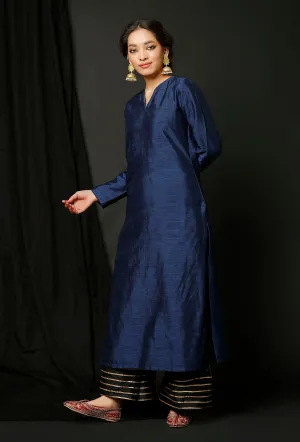 Set  of 2 : Blue Raw Silk Achkan and Black Velvet Pallazo