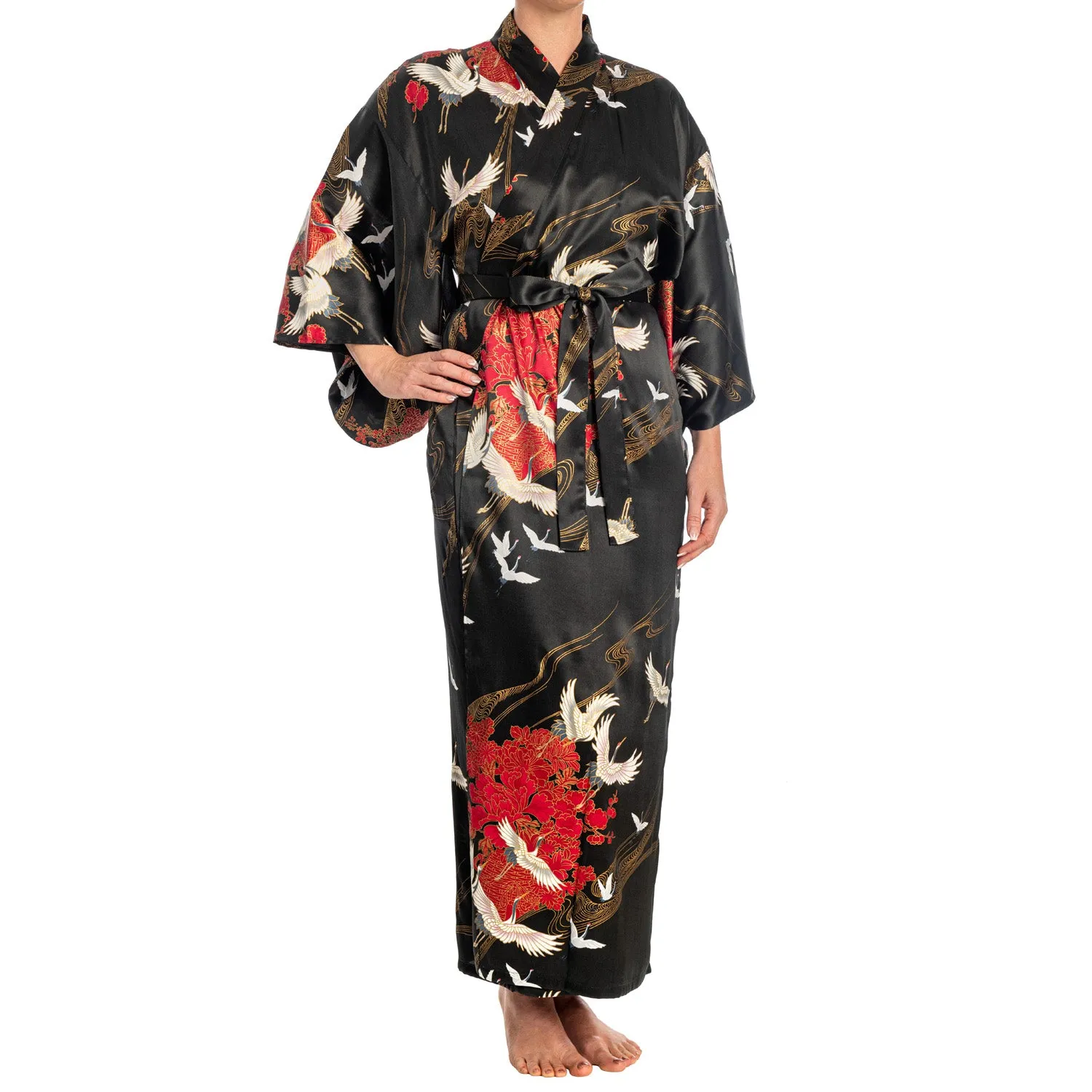 Silk Crane Print Long Black Japanese Kimono