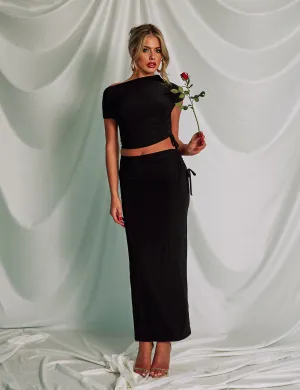 Slinky Foldover Ruched Maxi Skirt Black