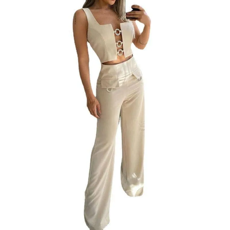 Square Neck Top Loose Flare Pants Two Piece Set