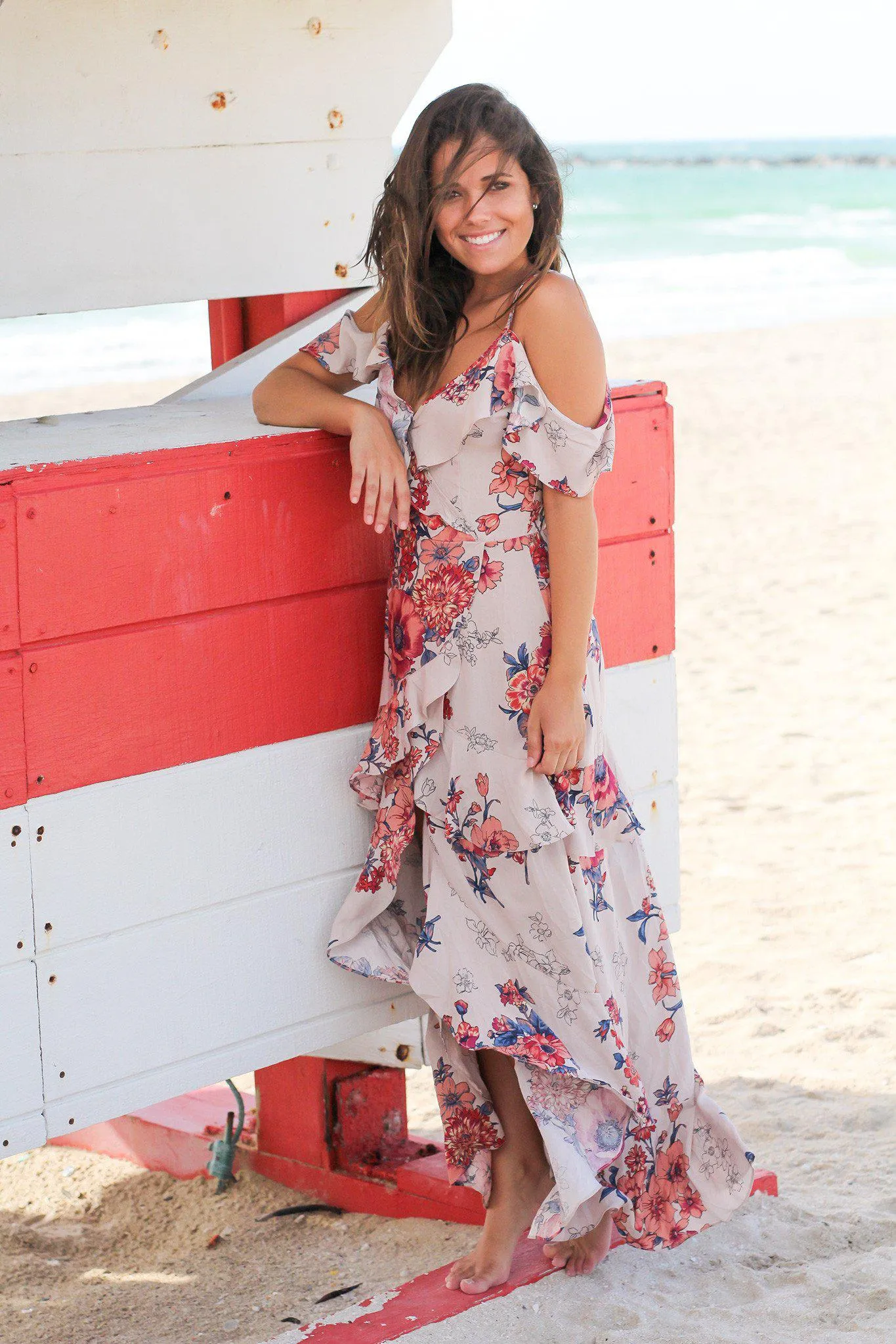 Taupe Floral Dress with Open Shoulders