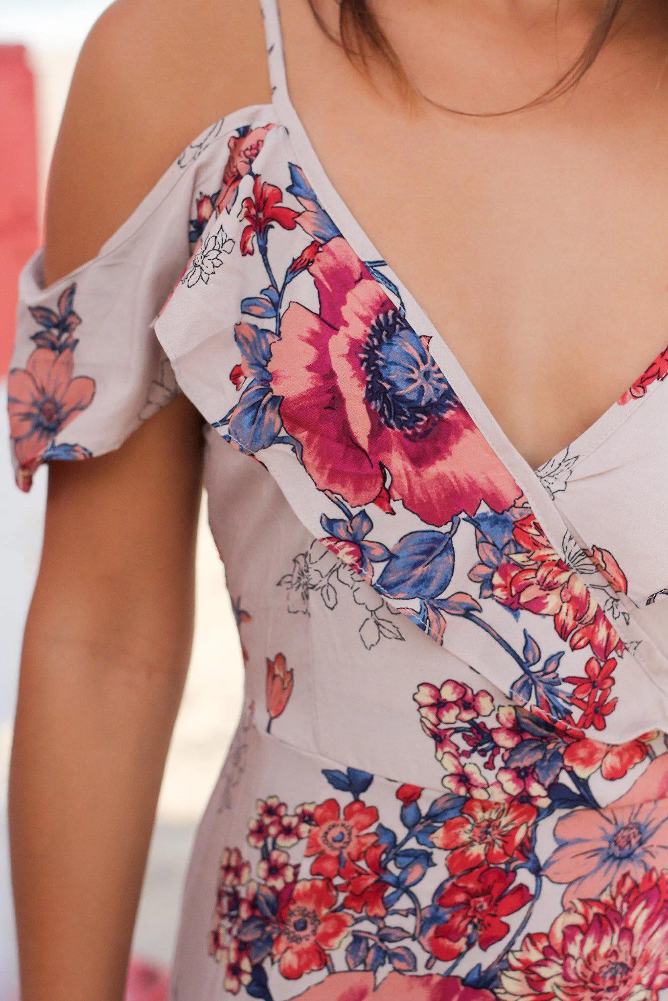 Taupe Floral Dress with Open Shoulders