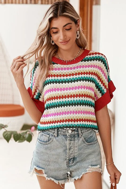 TEEK - Red Pink Green Stripe Ruffle Short Sleeve Knit Top