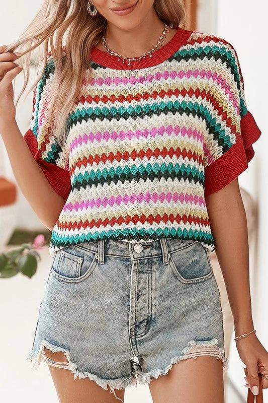 TEEK - Red Pink Green Stripe Ruffle Short Sleeve Knit Top