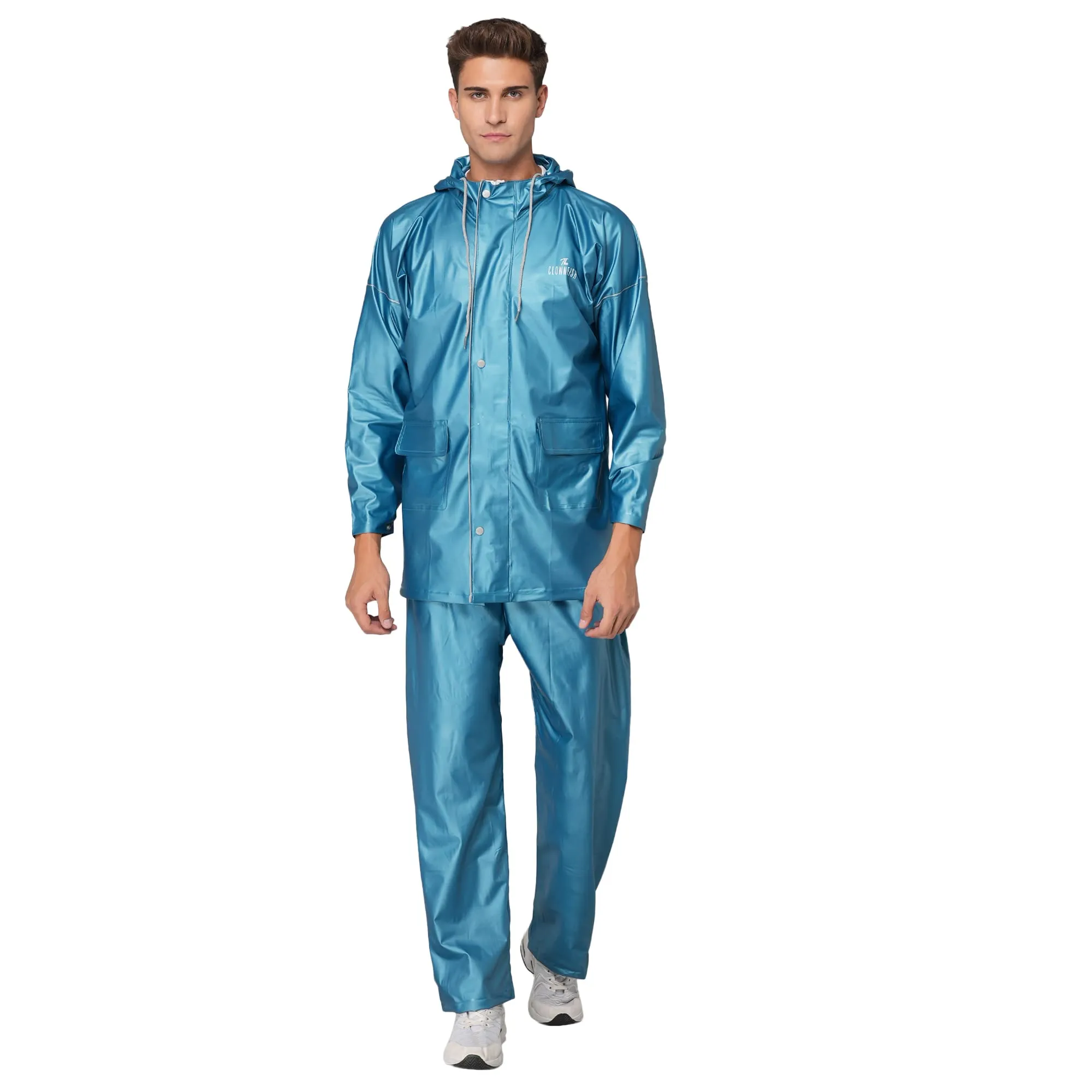 THE CLOWNFISH Oceanic Pro Series Men's Waterproof PVC Raincoat with Hood and Reflector Logo at Back for Night Travelling. Set of Top and Bottom (Turquiose Blue, XL)