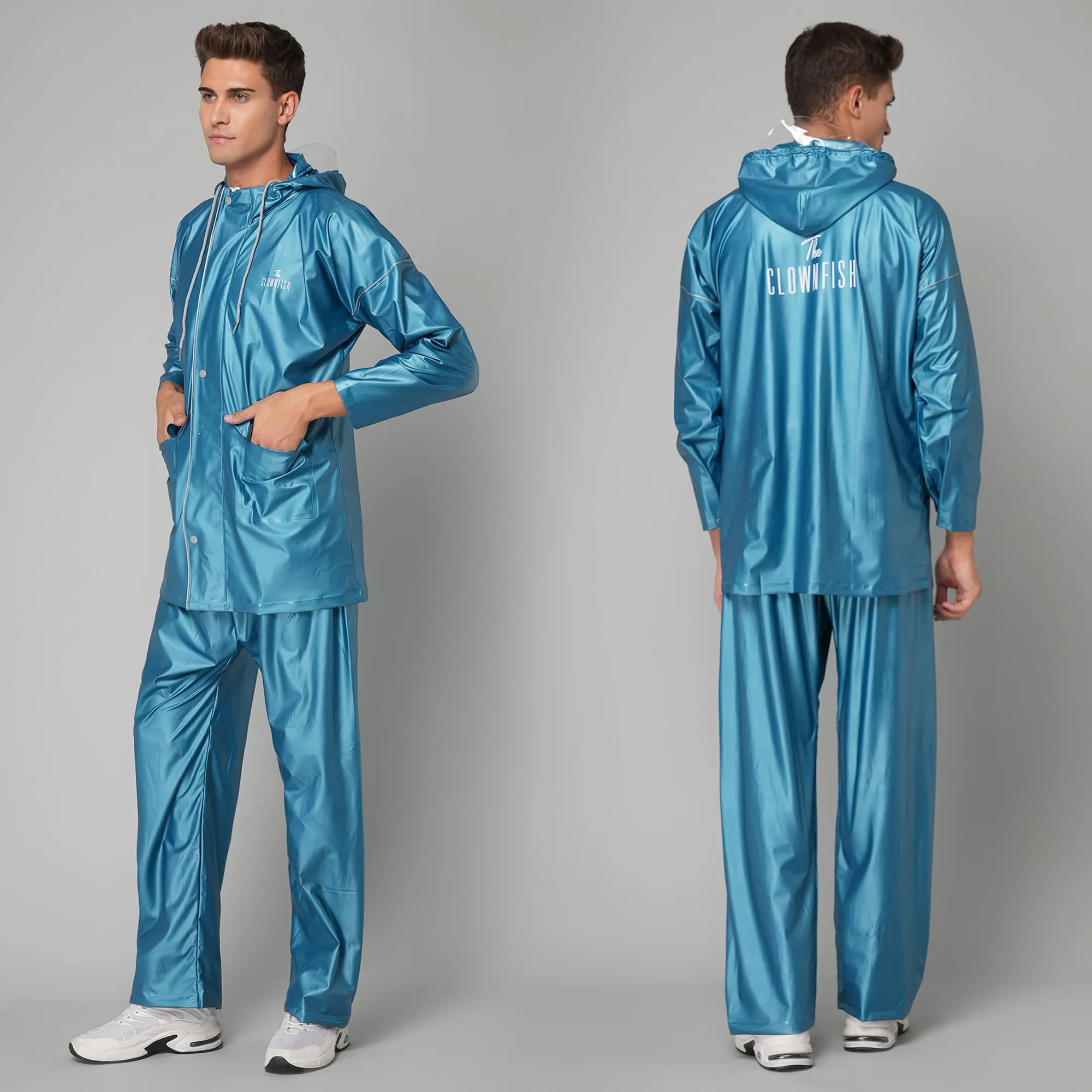 THE CLOWNFISH Oceanic Pro Series Men's Waterproof PVC Raincoat with Hood and Reflector Logo at Back for Night Travelling. Set of Top and Bottom (Turquiose Blue, XL)