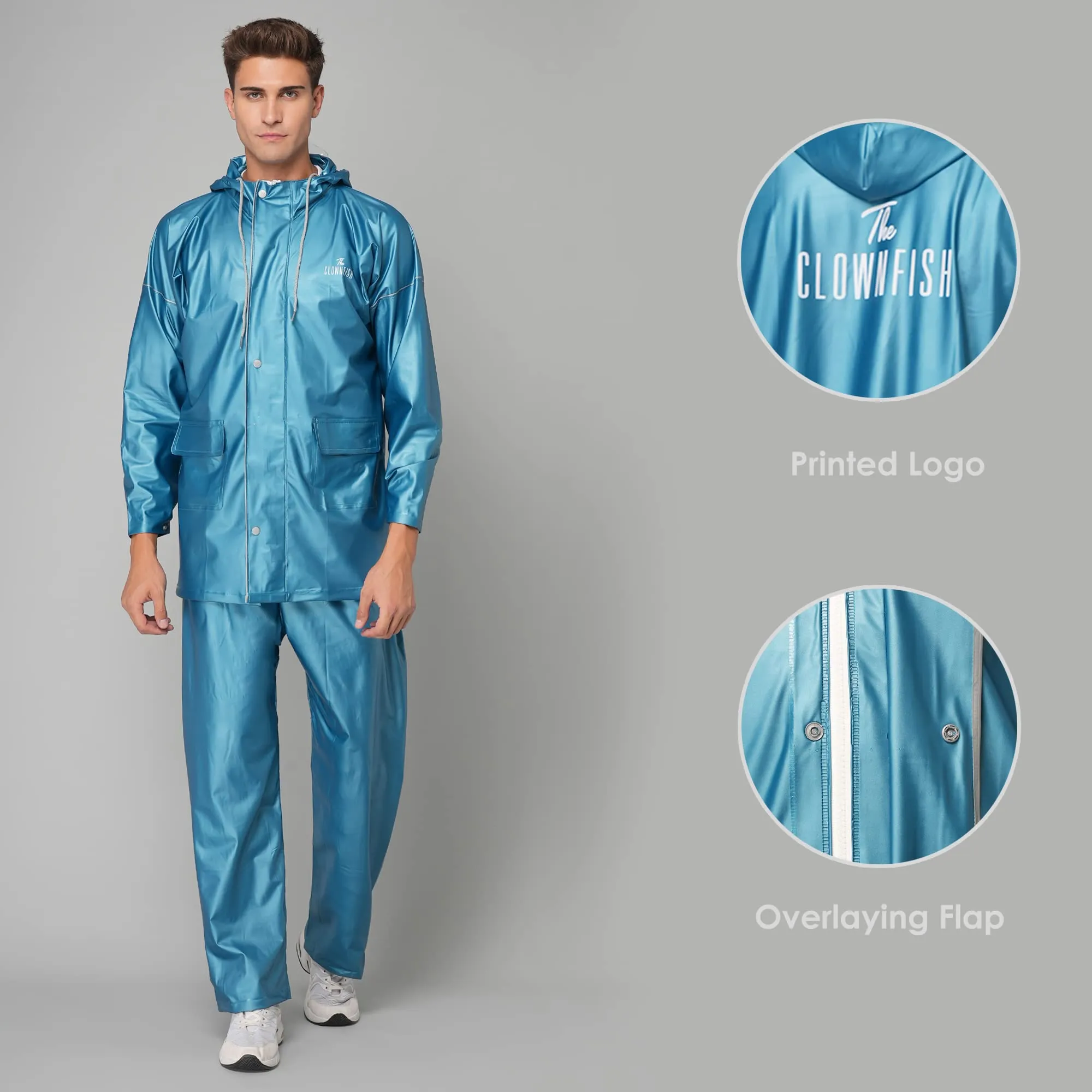 THE CLOWNFISH Oceanic Pro Series Men's Waterproof PVC Raincoat with Hood and Reflector Logo at Back for Night Travelling. Set of Top and Bottom (Turquiose Blue, XL)