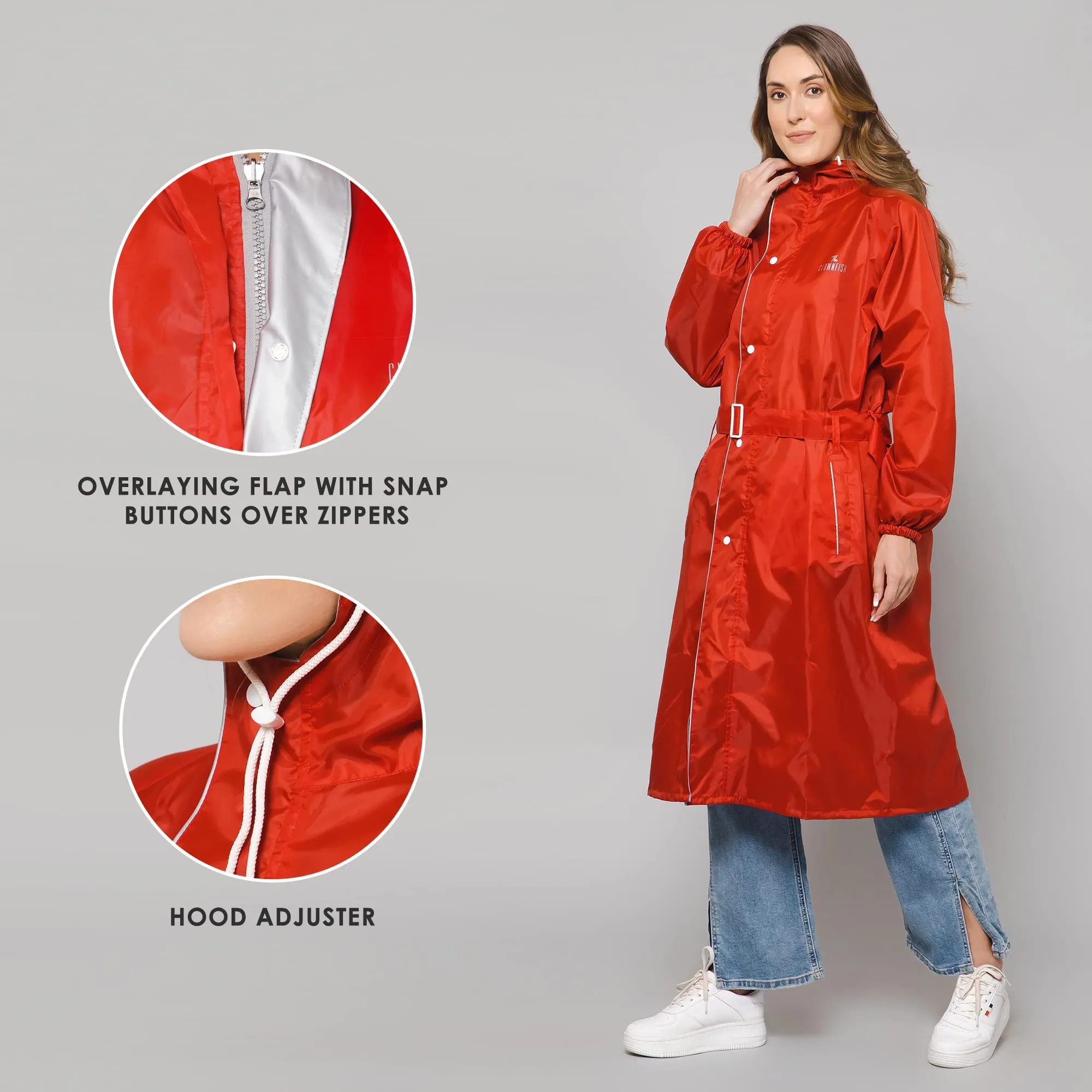 THE CLOWNFISH Polyester Raincoats For Women Rain Coat For Women Raincoat For Ladies Waterproof Reversible Double Layer. Drizzle Diva Series (Red, X-Large)