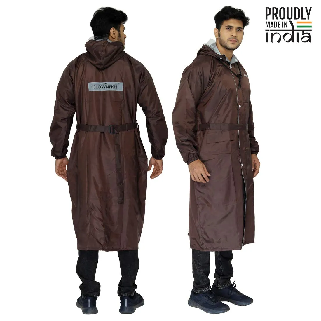 THE CLOWNFISH Polyester Reversible Use Unisex Waterproof Long Coat Raincoat For Men And Women With Adjustable Hood And Reflector At Back For Night Visibility Opener Series (Brown-Free Size)