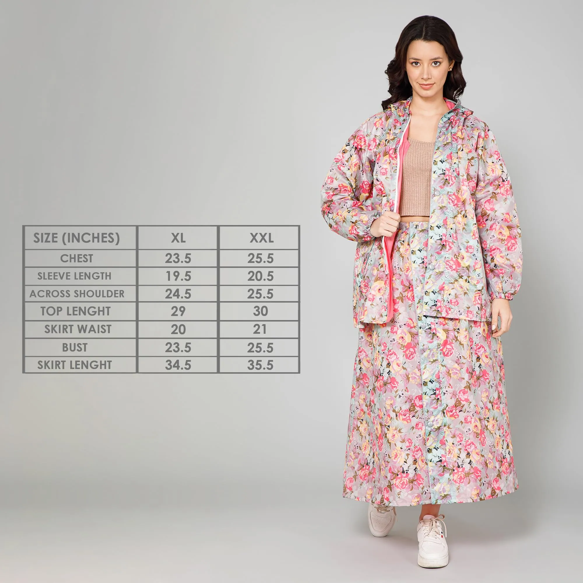 THE CLOWNFISH Polyester Waterproof Rain Coat For Women Skirt and Top Raincoat With Adjustable Hood and Front Pockets Rain Glam Series (Multicolour Floral, X-Large)