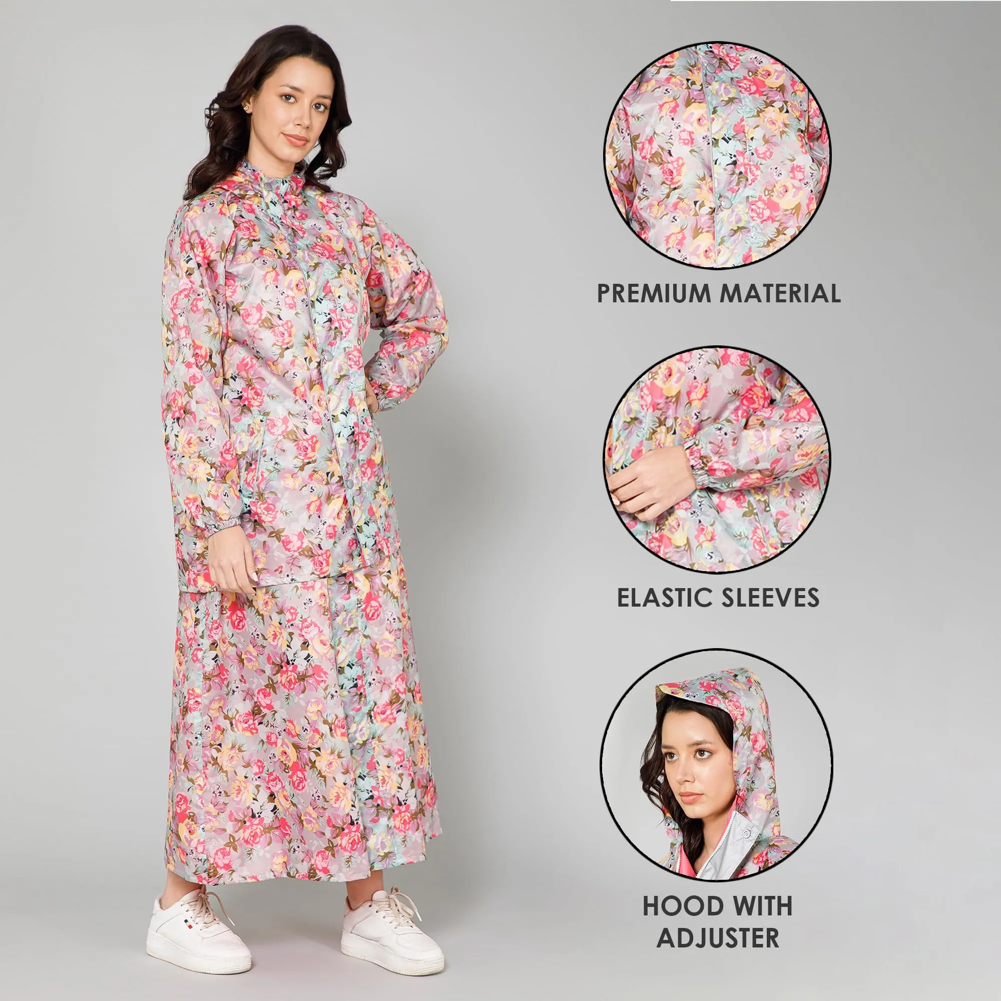 THE CLOWNFISH Polyester Waterproof Rain Coat For Women Skirt and Top Raincoat With Adjustable Hood and Front Pockets Rain Glam Series (Multicolour Floral, X-Large)