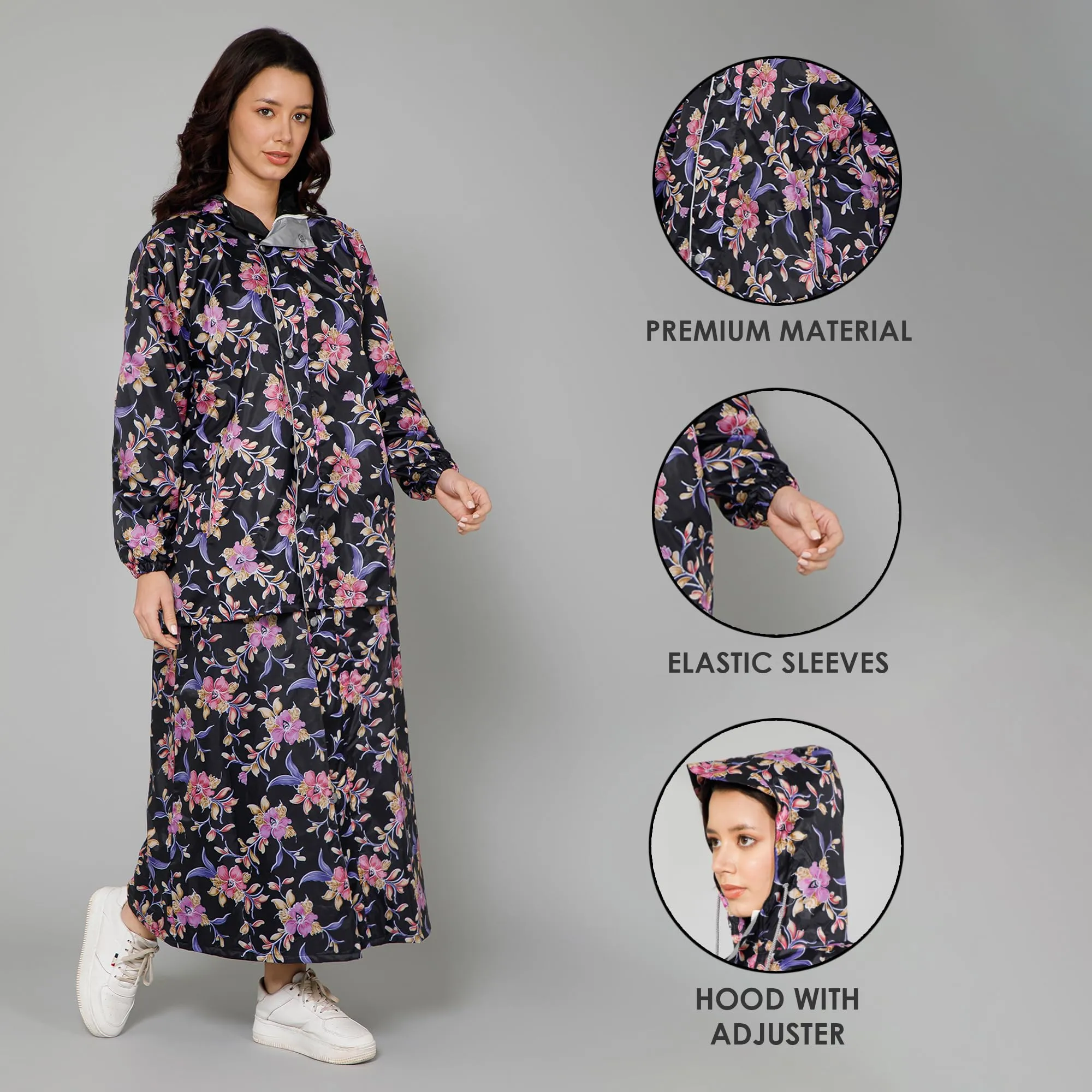 THE CLOWNFISH Polyester Waterproof Rain Coat For Women Skirt And Top Standard Length Raincoat With Adjustable Hood And Front Pockets Rain Glam Series (Black Floral, Xl)