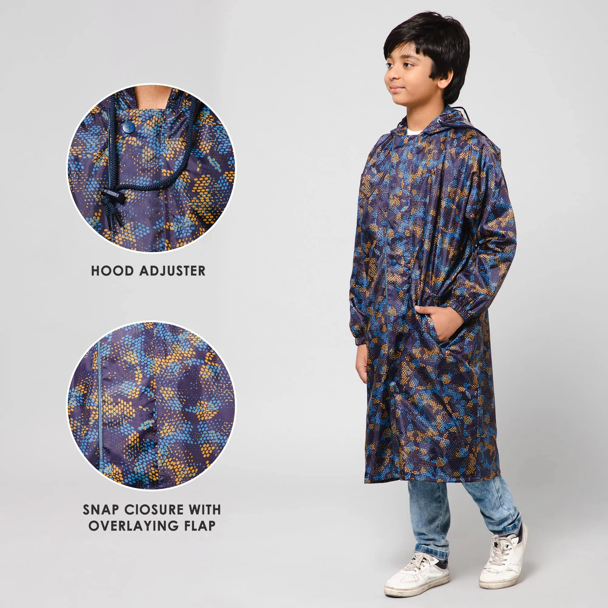 The Clownfish Splash Squad Series Kids Raincoat Waterproof Polyester Double Coating Reversible Longcoat with Hood and Reflector Logo at Back. Printed Plastic Pouch. Kid Age-13-14 years (Midnight Blue)