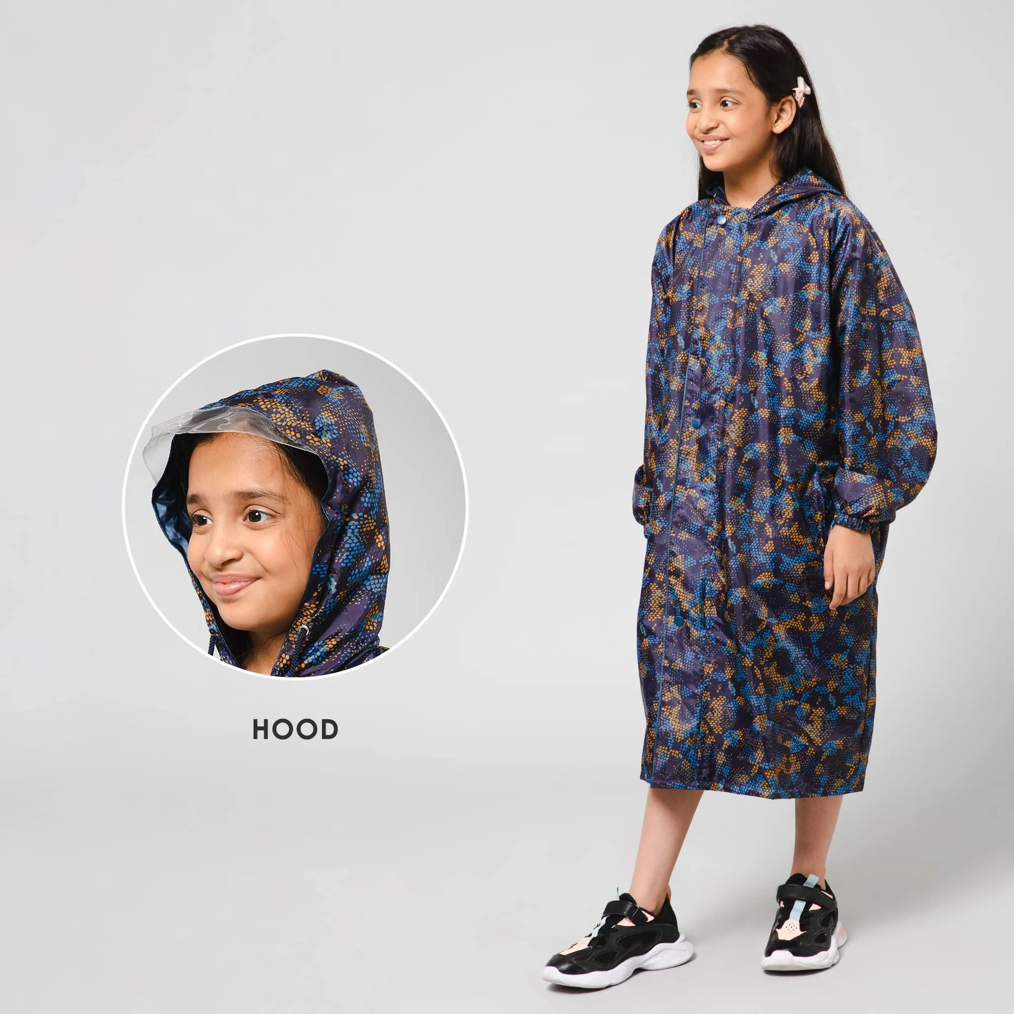 The Clownfish Splash Squad Series Kids Raincoat Waterproof Polyester Double Coating Reversible Longcoat with Hood and Reflector Logo at Back. Printed Plastic Pouch. Kid Age-13-14 years (Midnight Blue)