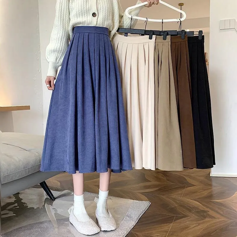 Thick High-Waisted Solid-Colored Pleated Midi Skirts