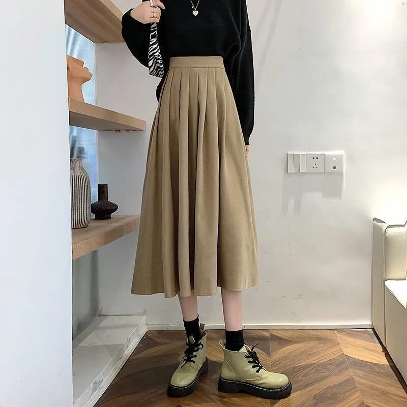 Thick High-Waisted Solid-Colored Pleated Midi Skirts