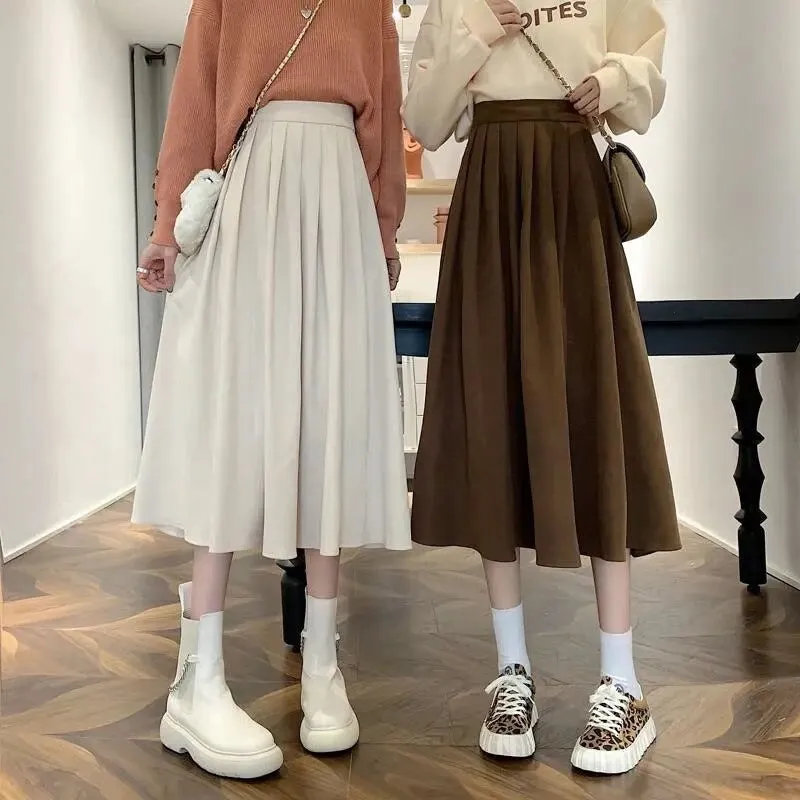 Thick High-Waisted Solid-Colored Pleated Midi Skirts