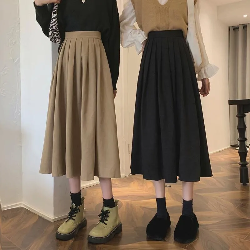 Thick High-Waisted Solid-Colored Pleated Midi Skirts