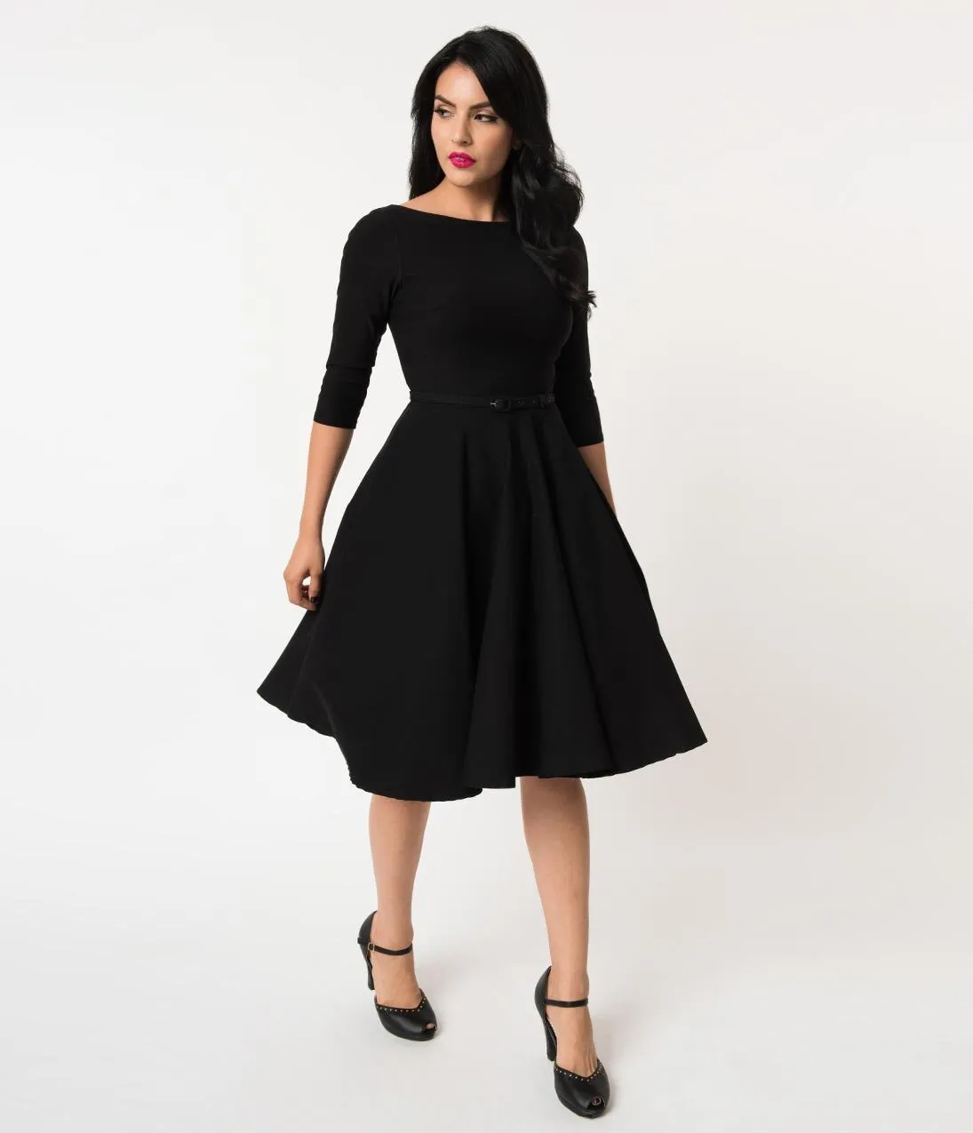 Unique Vintage 1950s Style Black Stretch Sleeved Devon Swing Dress