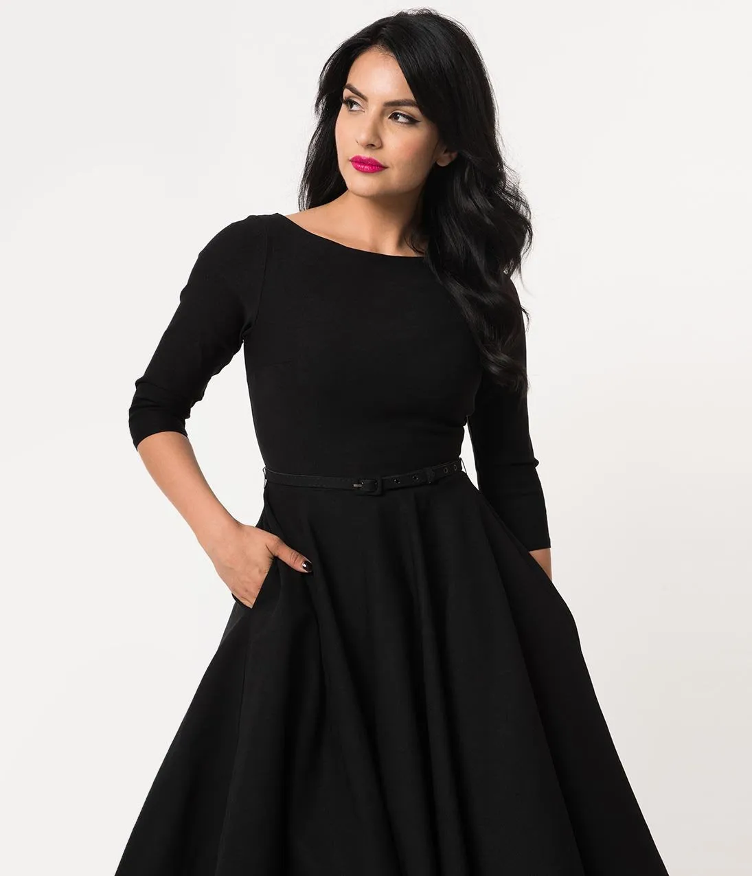 Unique Vintage 1950s Style Black Stretch Sleeved Devon Swing Dress