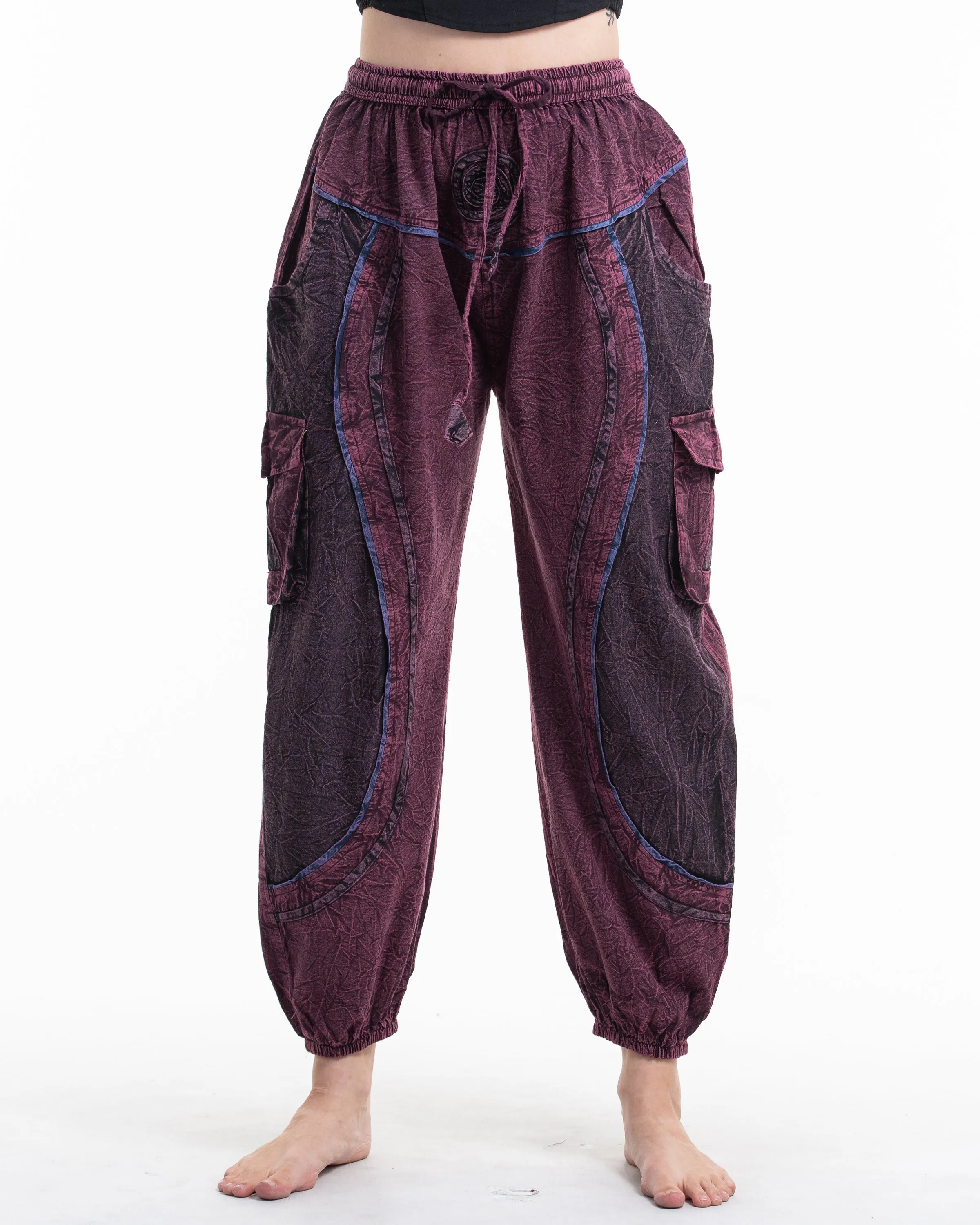 Unisex Patchwork Stone Washed Cargo Cotton Pants in Maroon 03