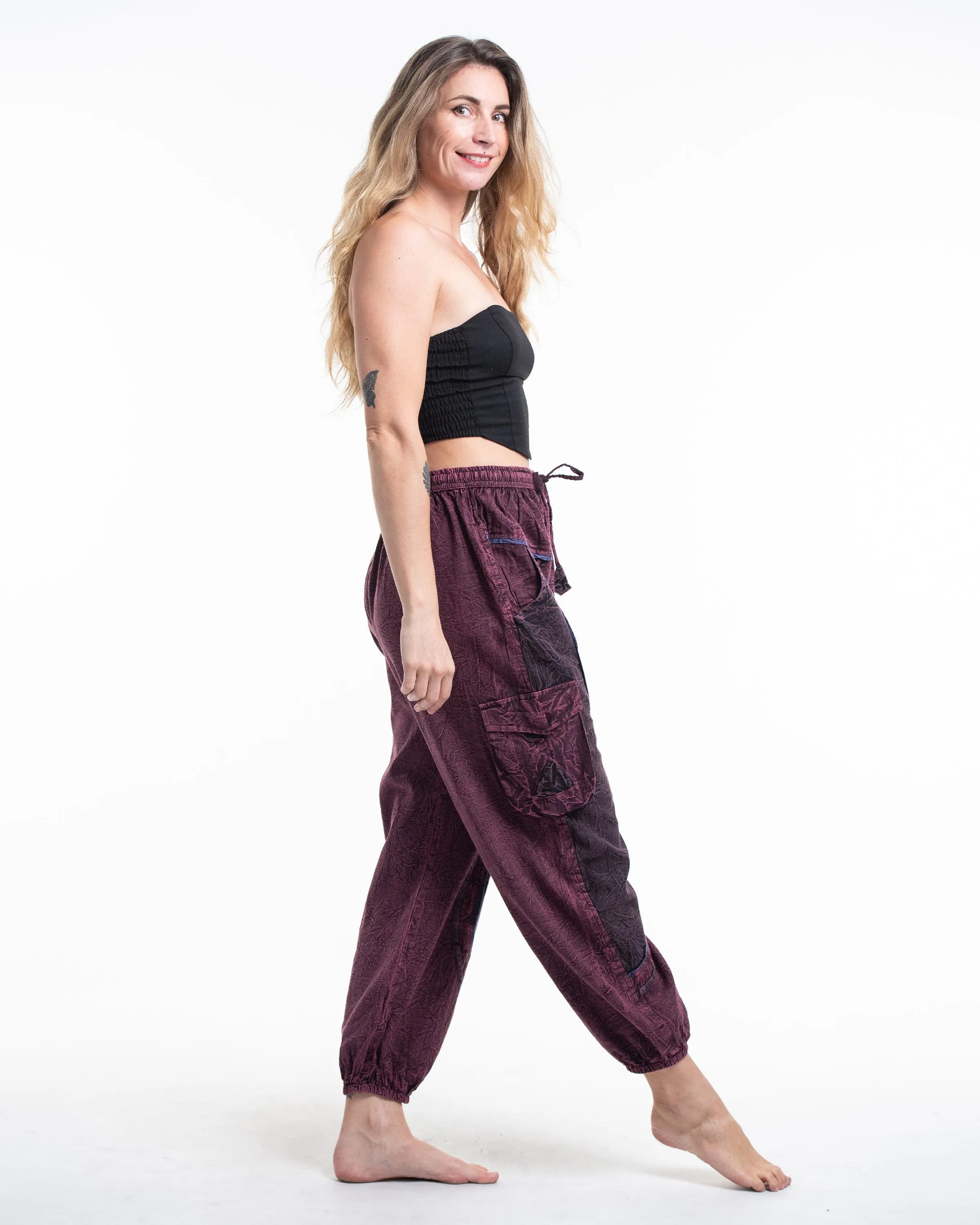 Unisex Patchwork Stone Washed Cargo Cotton Pants in Maroon 03