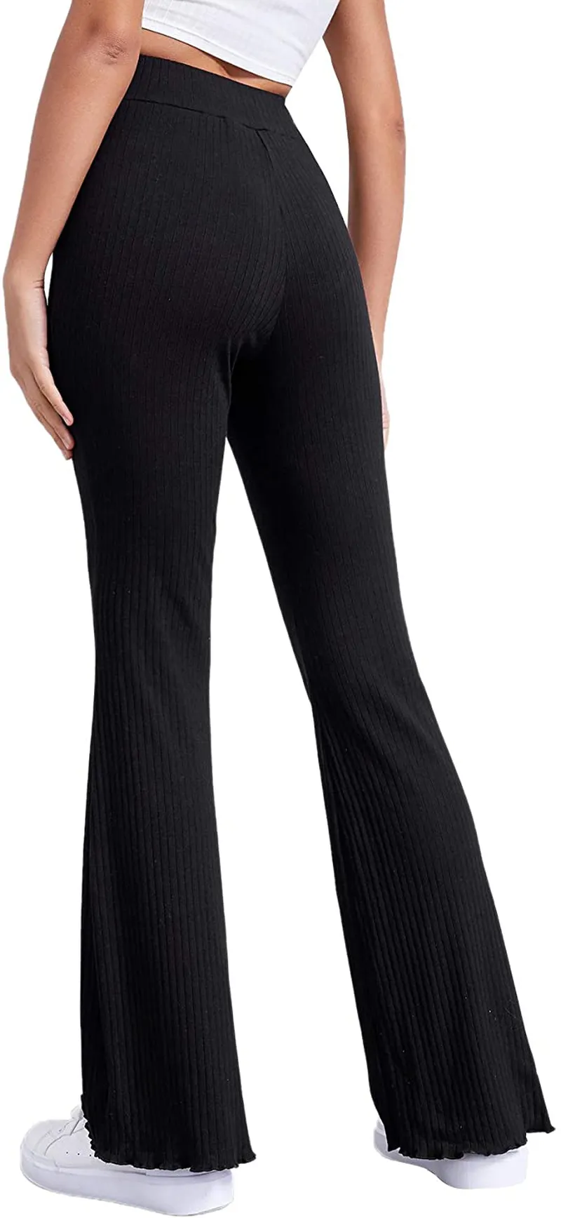 Verdusa Women's Elegant Ribbed Knit Elastic Waist Flare Leg Long Pants