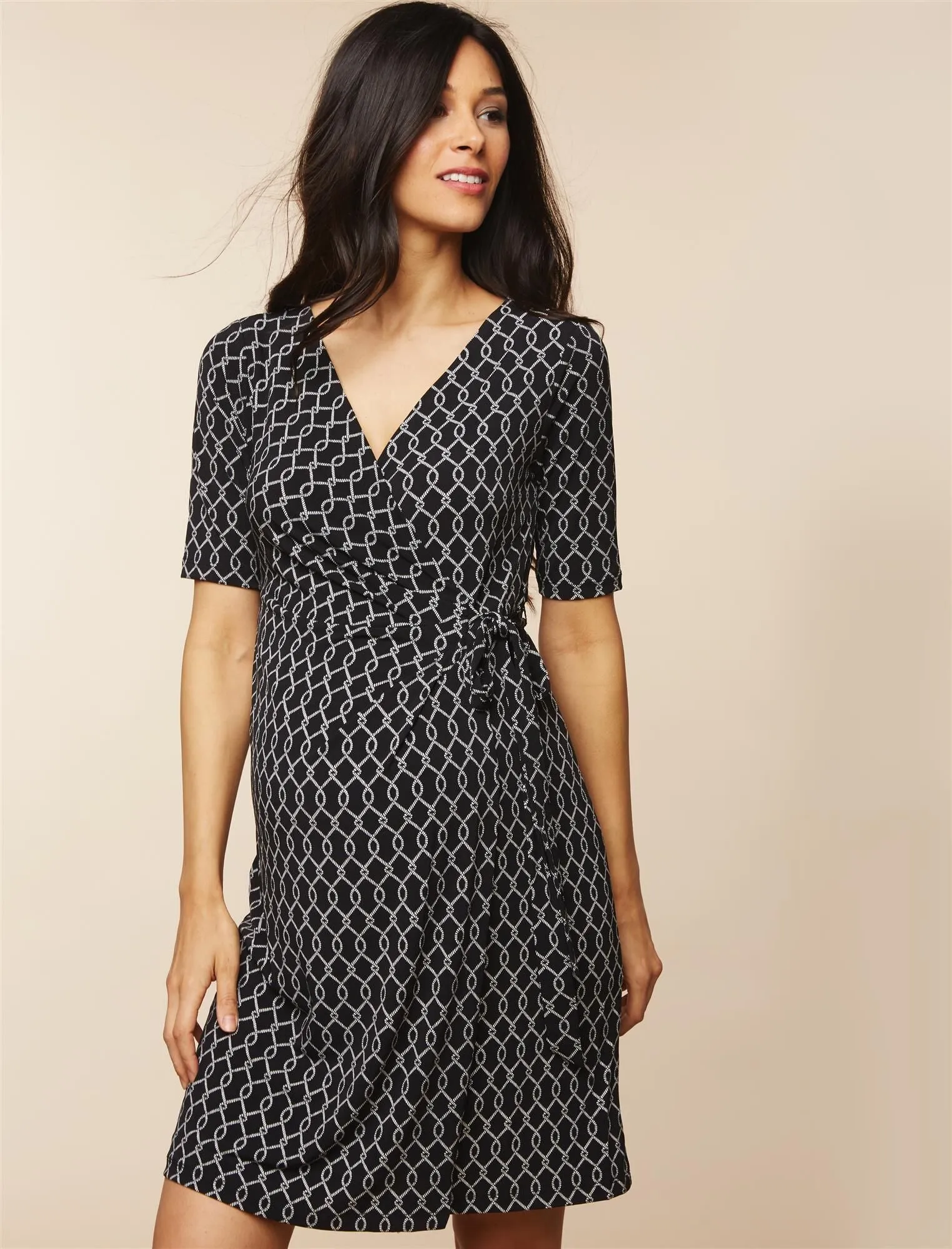 Waist Tie Surplice Maternity Dress in Black/White Print