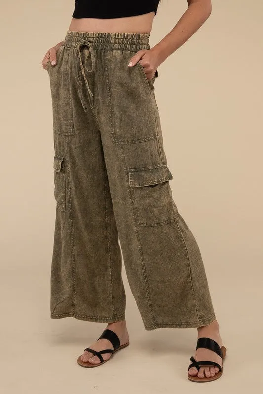 Washed Linen Elastic Band Waist Cargo Pants