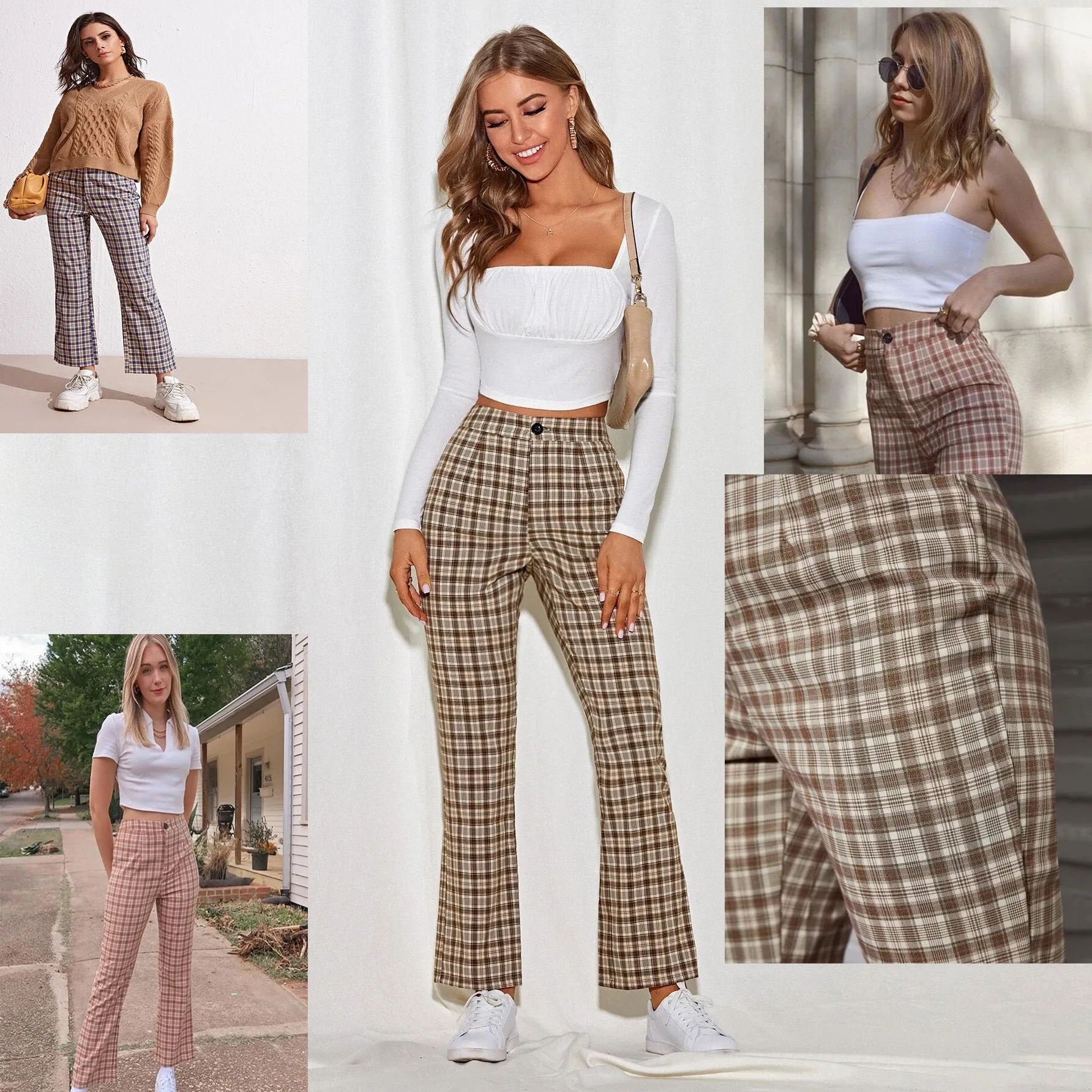 Wenkouban 2000s fashion 2024 Women's Spring and Summer Elegant Commuter Mid-Waist Plaid Fabric Flared Pants Artistic Trousers