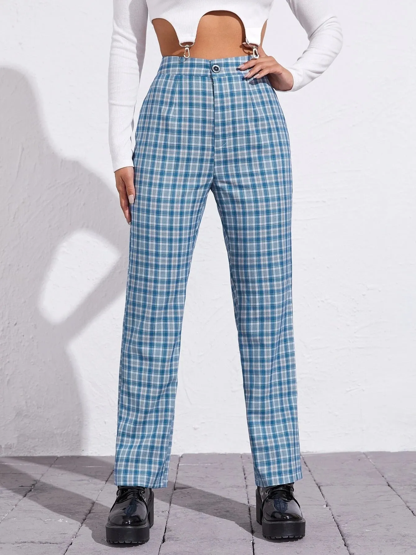 Wenkouban 2000s fashion 2024 Women's Spring and Summer Elegant Commuter Mid-Waist Plaid Fabric Flared Pants Artistic Trousers