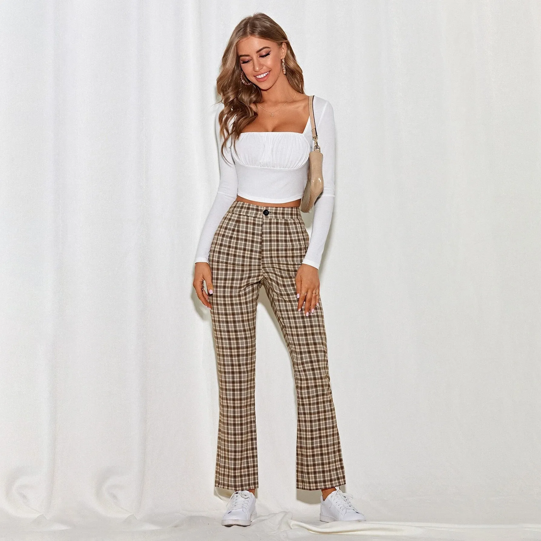 Wenkouban 2000s fashion 2024 Women's Spring and Summer Elegant Commuter Mid-Waist Plaid Fabric Flared Pants Artistic Trousers