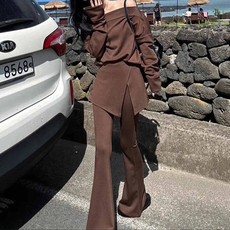 Wenkouban off shoulder  Air Layer off-Shoulder Flared Pants Suit Casual Women's American Style Loose Lazy Style Slimming Elegant Autumn