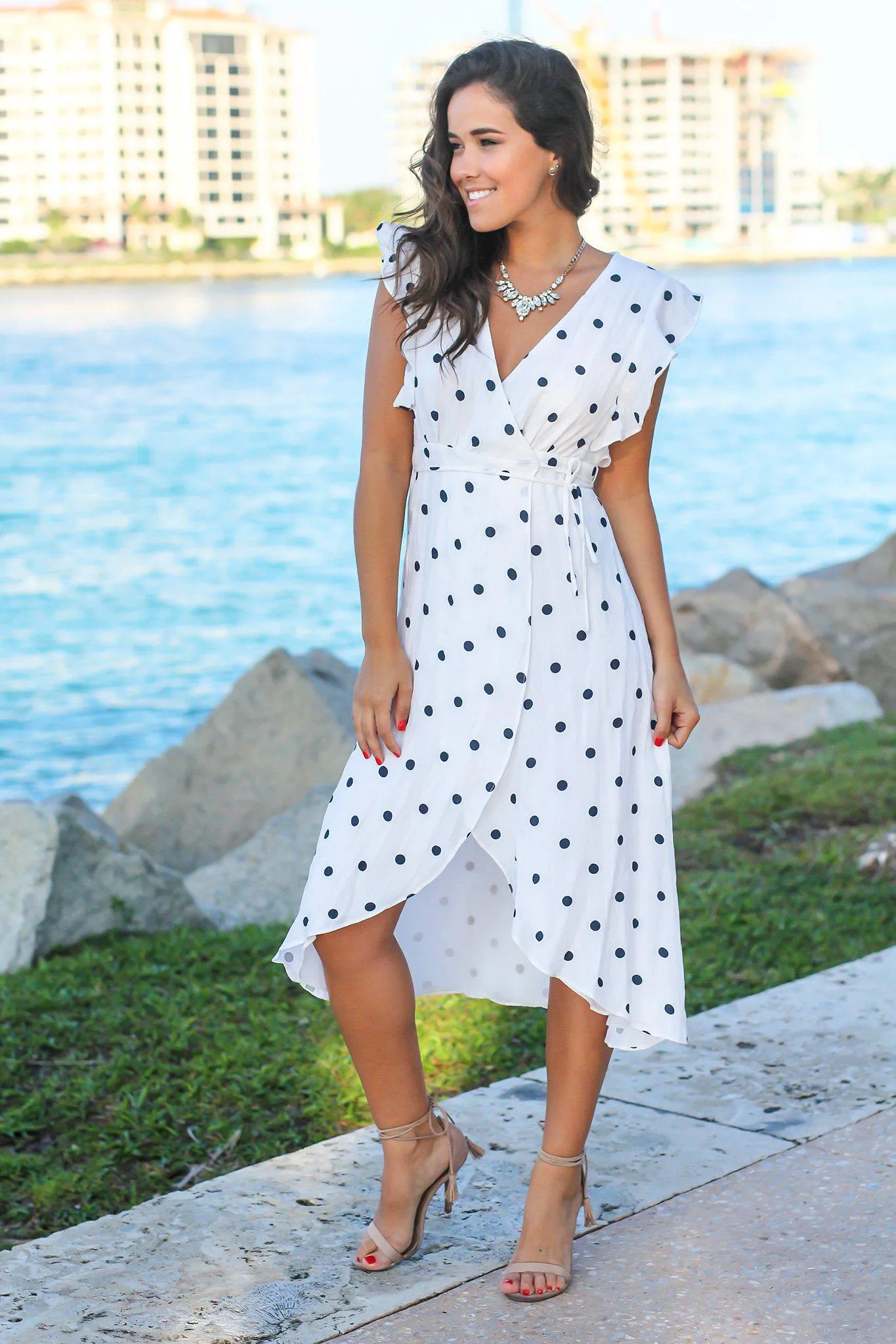 White and Navy Polka Dot Wrap Dress