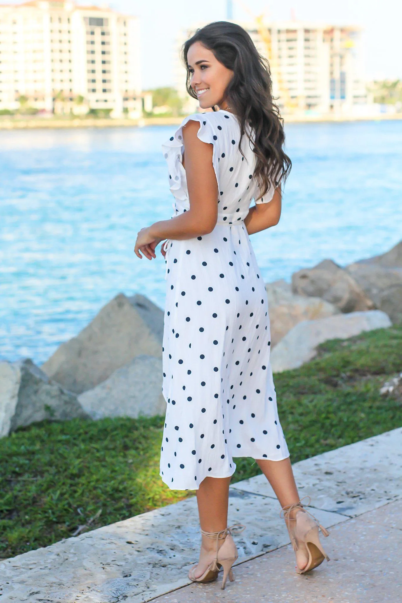 White and Navy Polka Dot Wrap Dress